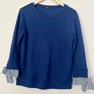 Gibson Navy Crewneck Sweatshirt with Gingham Sleeve Detail Women’s Size XS